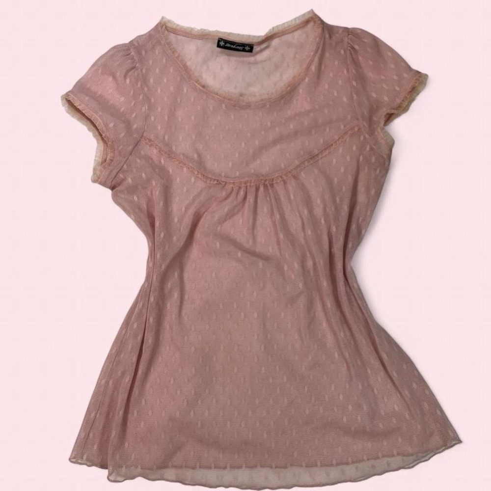 Vintage‎ Pink Sheer Babydoll Top With Ruffle Trim and Polka Dot Pattern